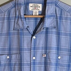 Ralph Lauren Polo Jeans Co. Blue Check Button Down Shirt Rodeo Cotton Large Mens